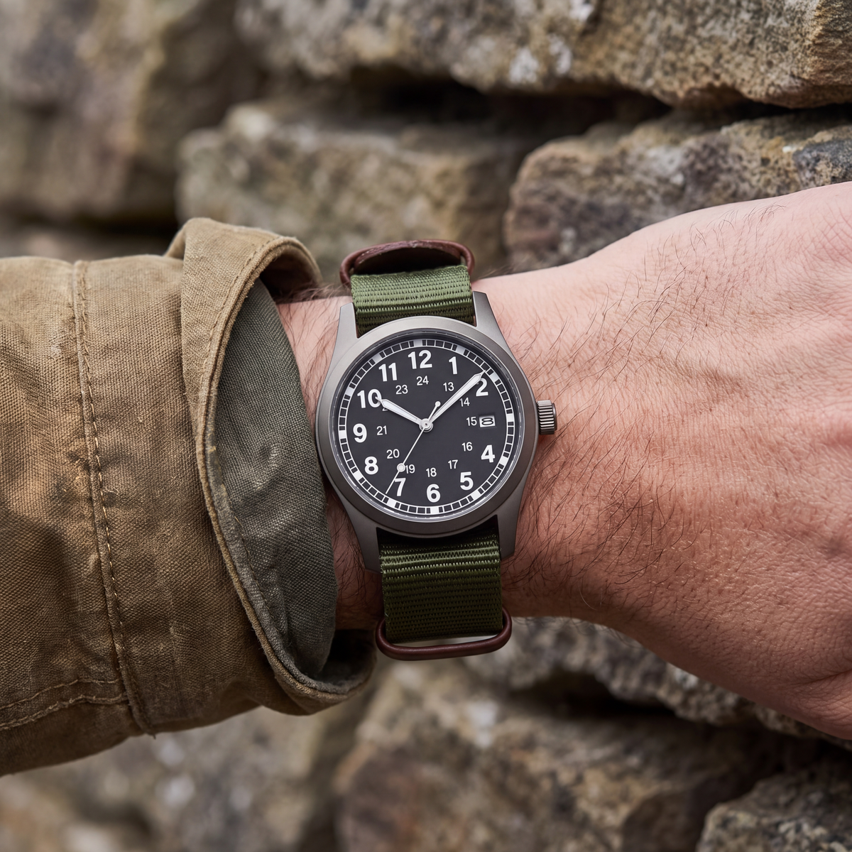 Josie-Field-Watch Black Olive — on model