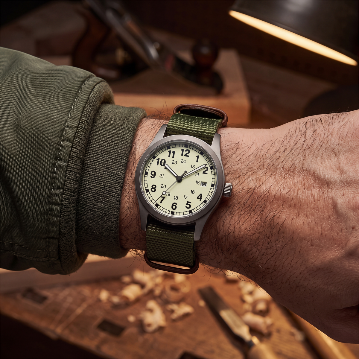 Josie-Field-Watch Luminous Olive — on model