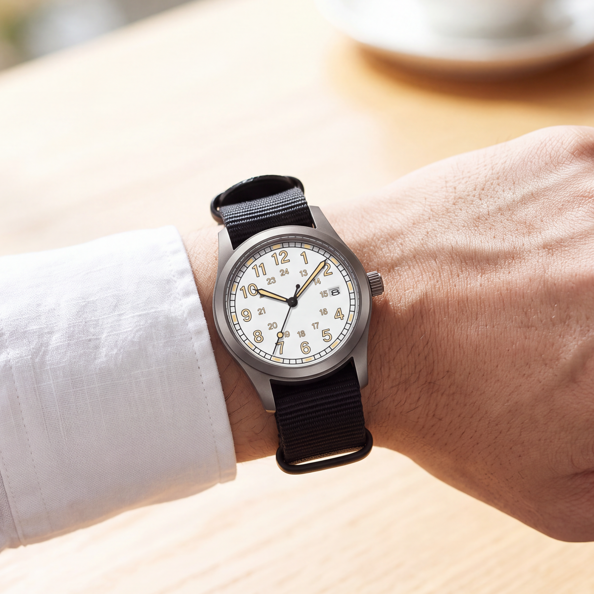 Josie-Field-Watch White Black — on model