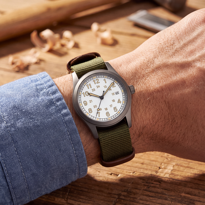 Josie-Field-Watch White Olive — on model