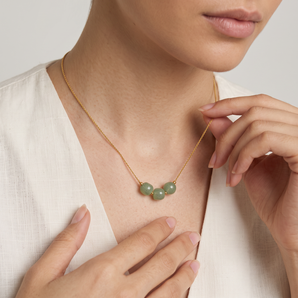 Juniper-Aventurine-Pendant-Necklace Green Aventurine — on model