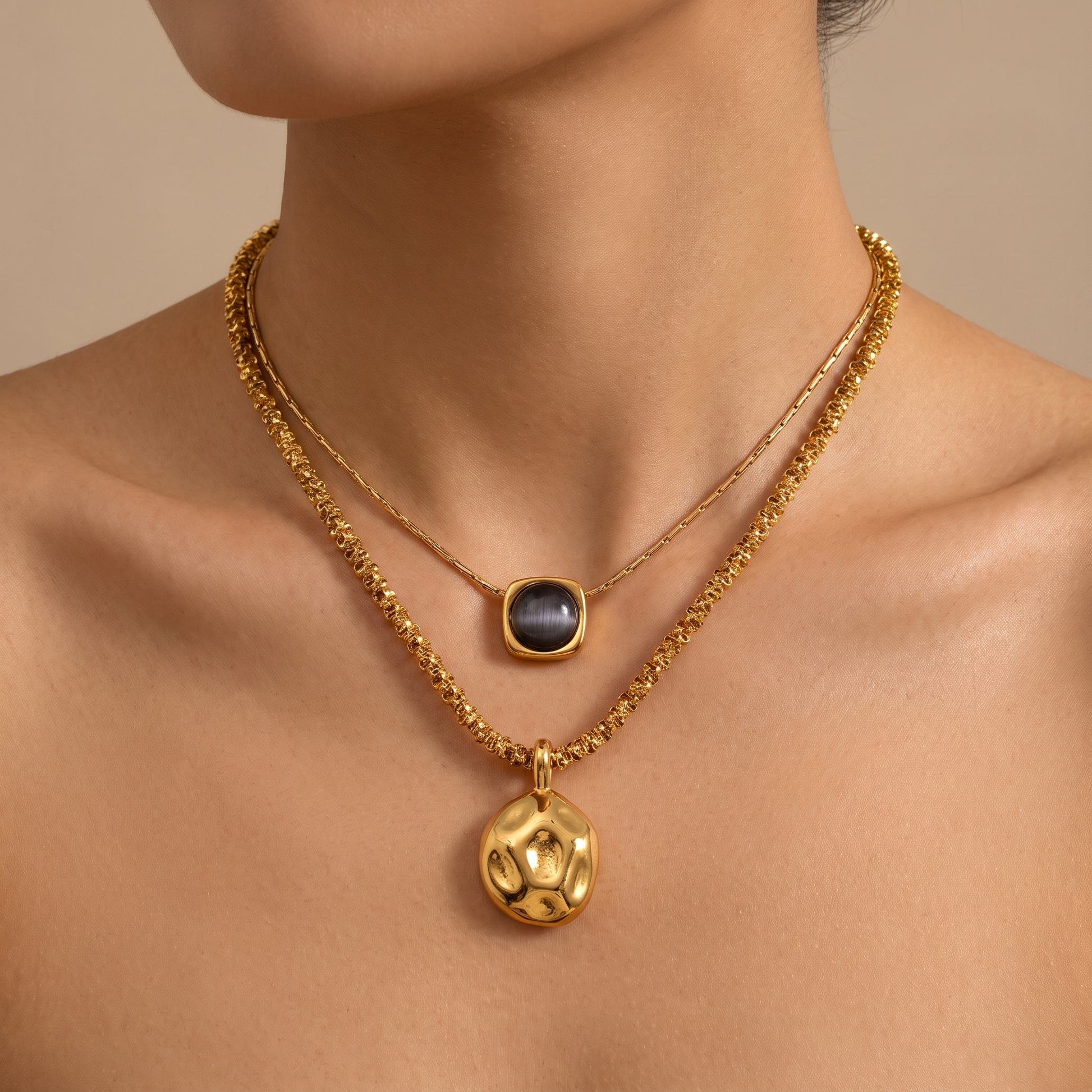 Liora-Layered-Stone-Necklace Gold — on model
