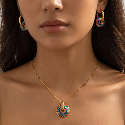 Lucia-Enamel-Medallion-Jewelry-Set Model — on model