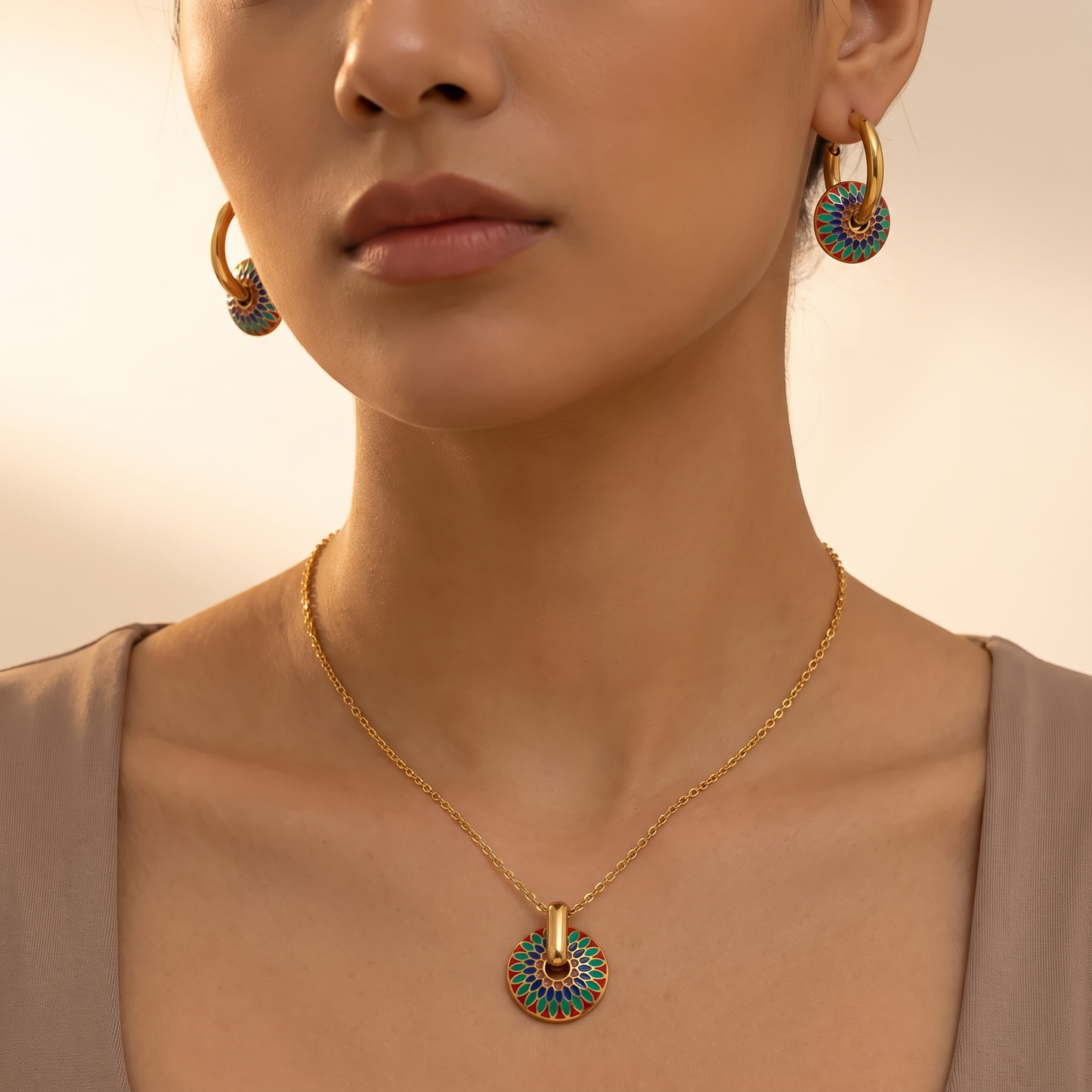 Lucia-Enamel-Medallion-Jewelry-Set Model — on model