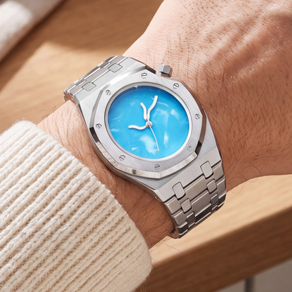 Lucid Steel Watch Sky Blue — on model