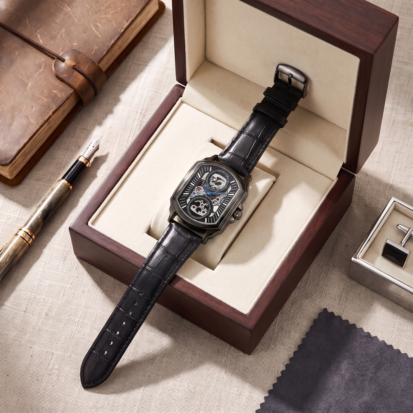 Ludlow-Skeleton-Watch Onyx — flatlay box 1