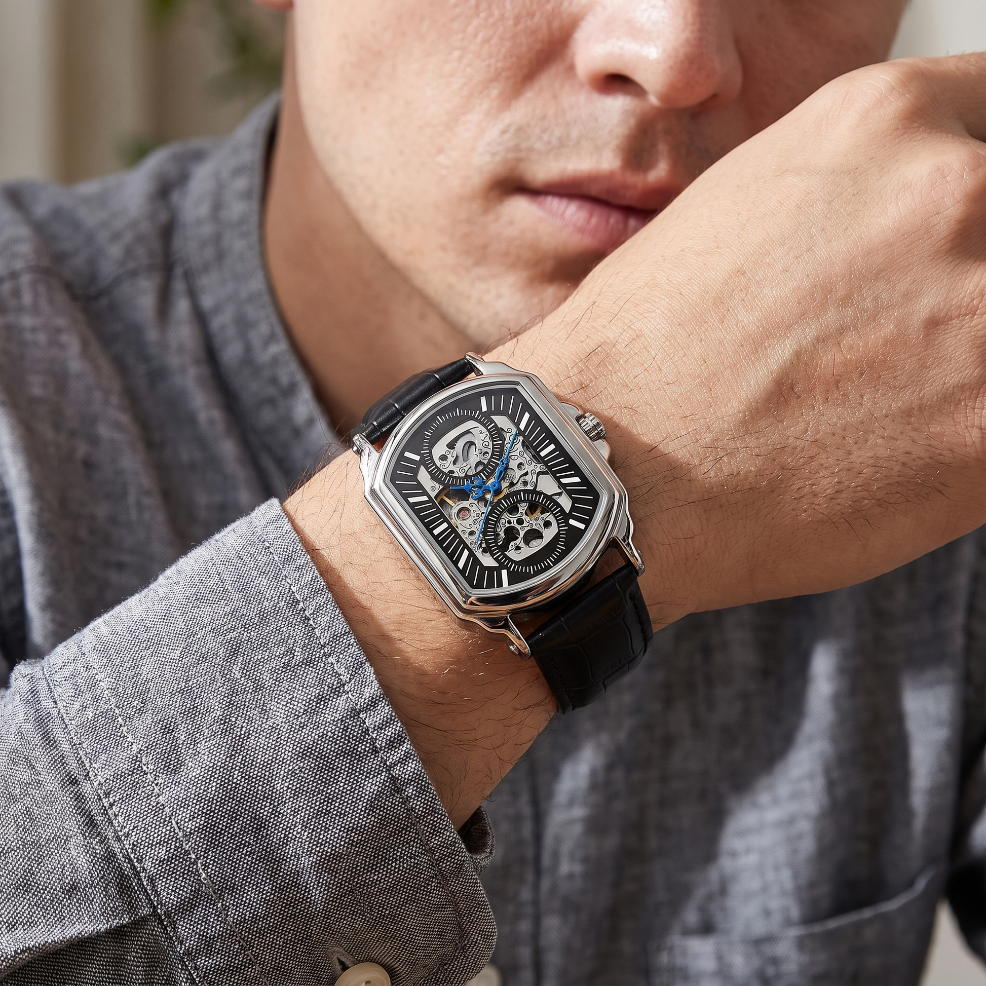 Ludlow Skeleton Watch Silver Black — on model
