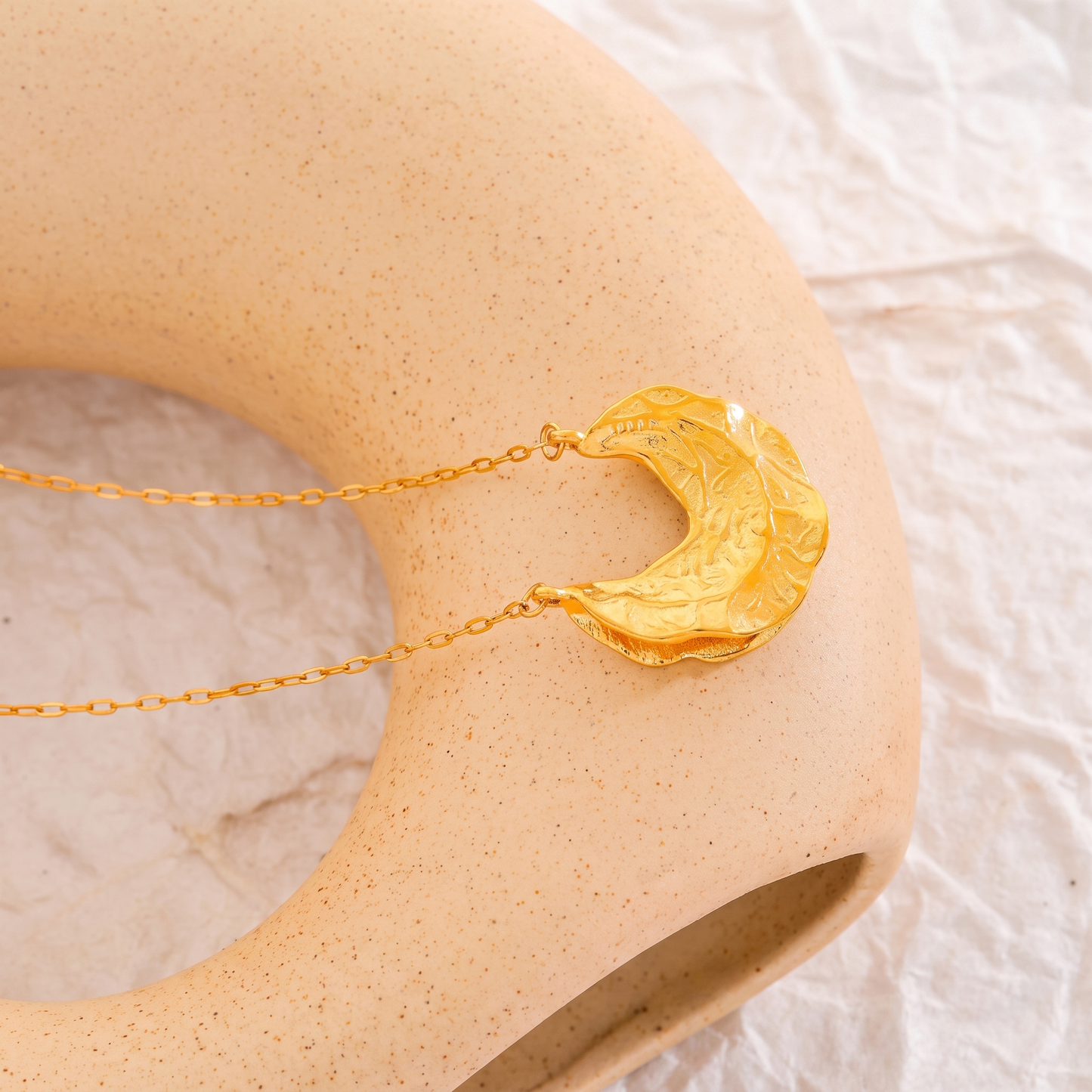 Luna gold crescent moon pendant necklace lifestyle