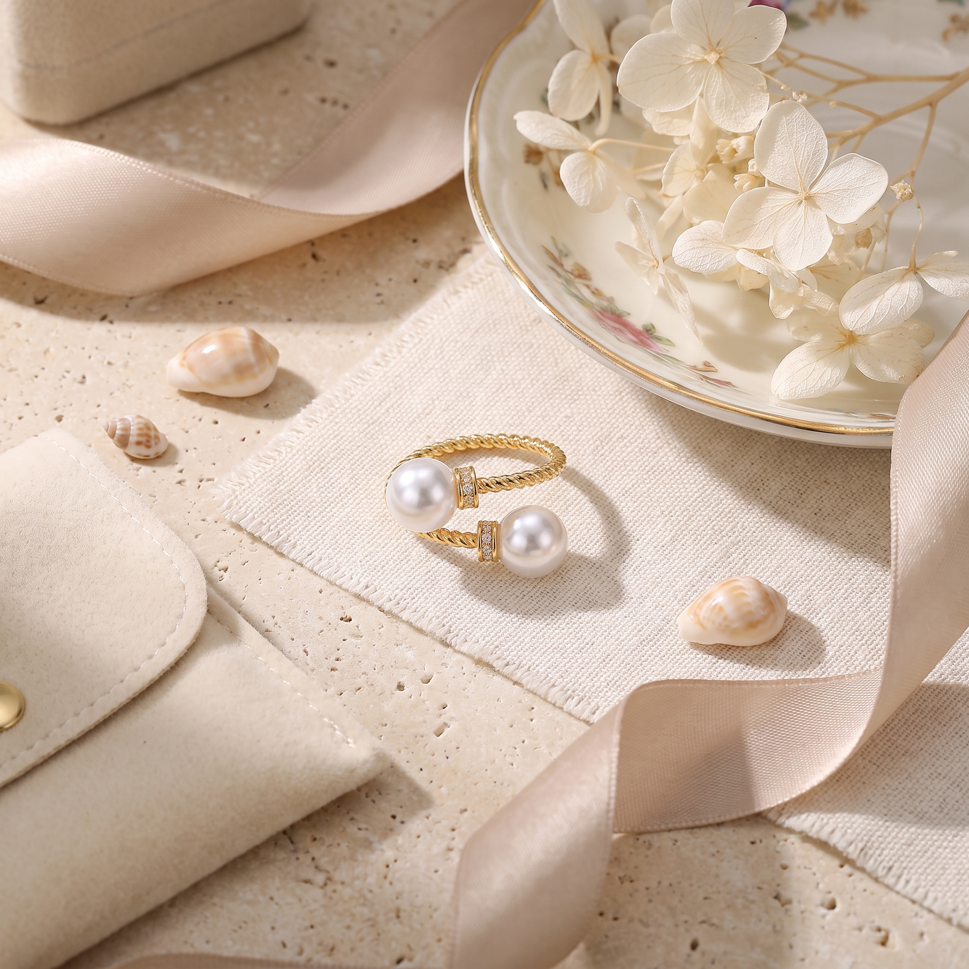Maeve double pearl twist ring in gold, styled flat-lay