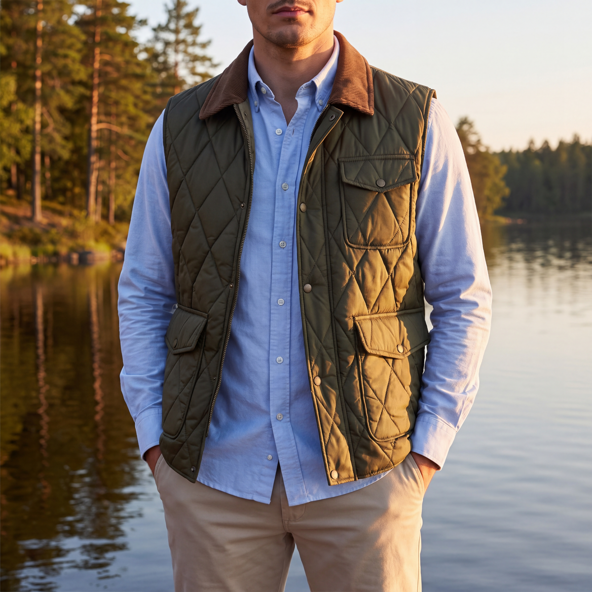 Man wearing the Mason Quilted Vest in Army Green over a light blue oxford shirt by a lake
