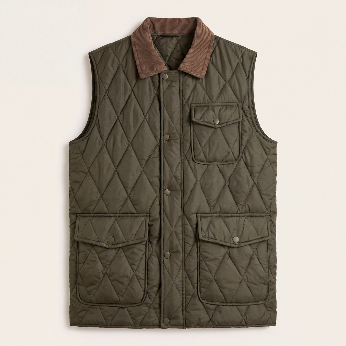 Mason Quilted Vest in Army Green with a brown corduroy collar, studio flat lay