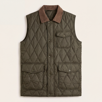 Mason Quilted Vest in Army Green with a brown corduroy collar, studio flat lay