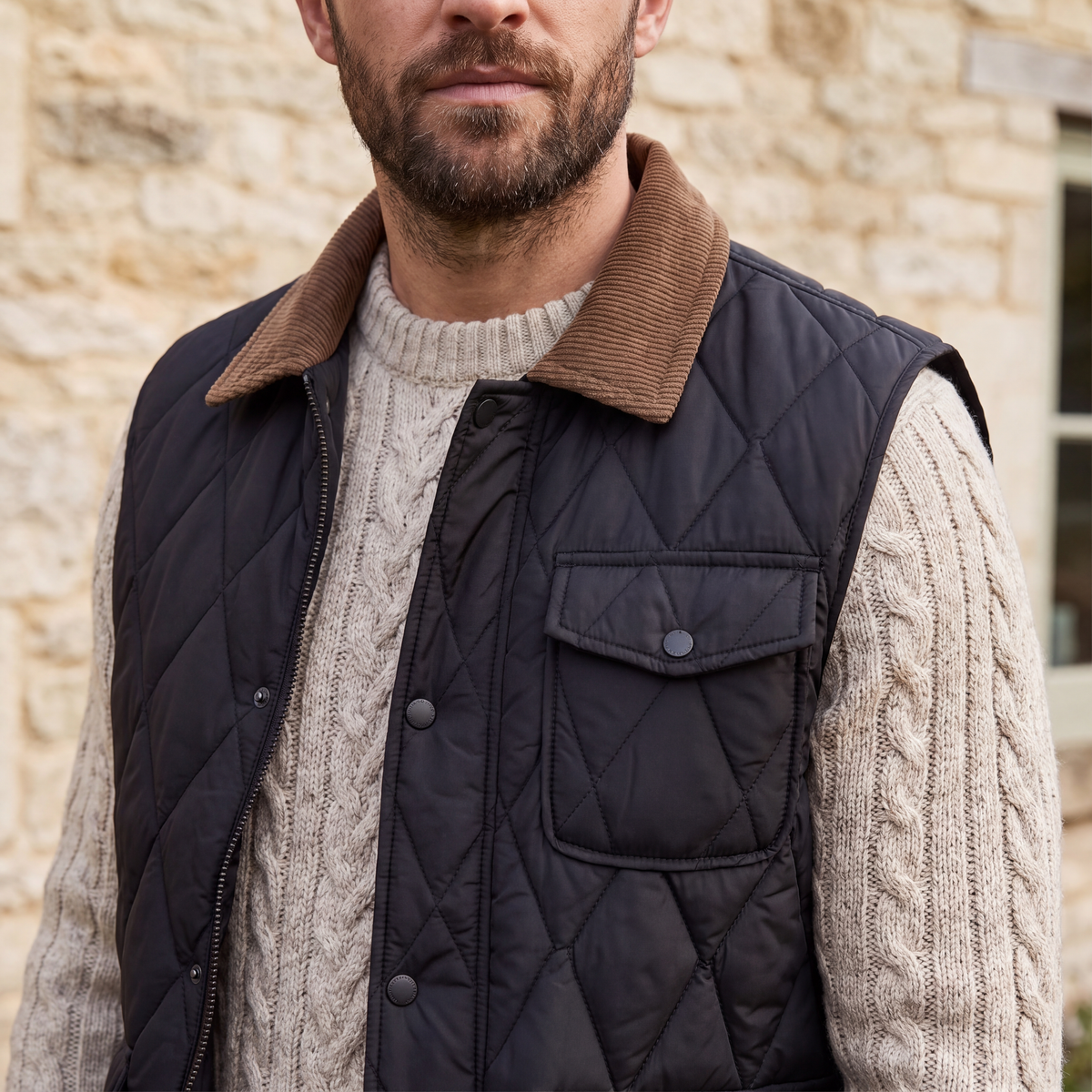Close view of the Mason Quilted Vest in Black with its brown corduroy collar over a cream cable-knit jumper