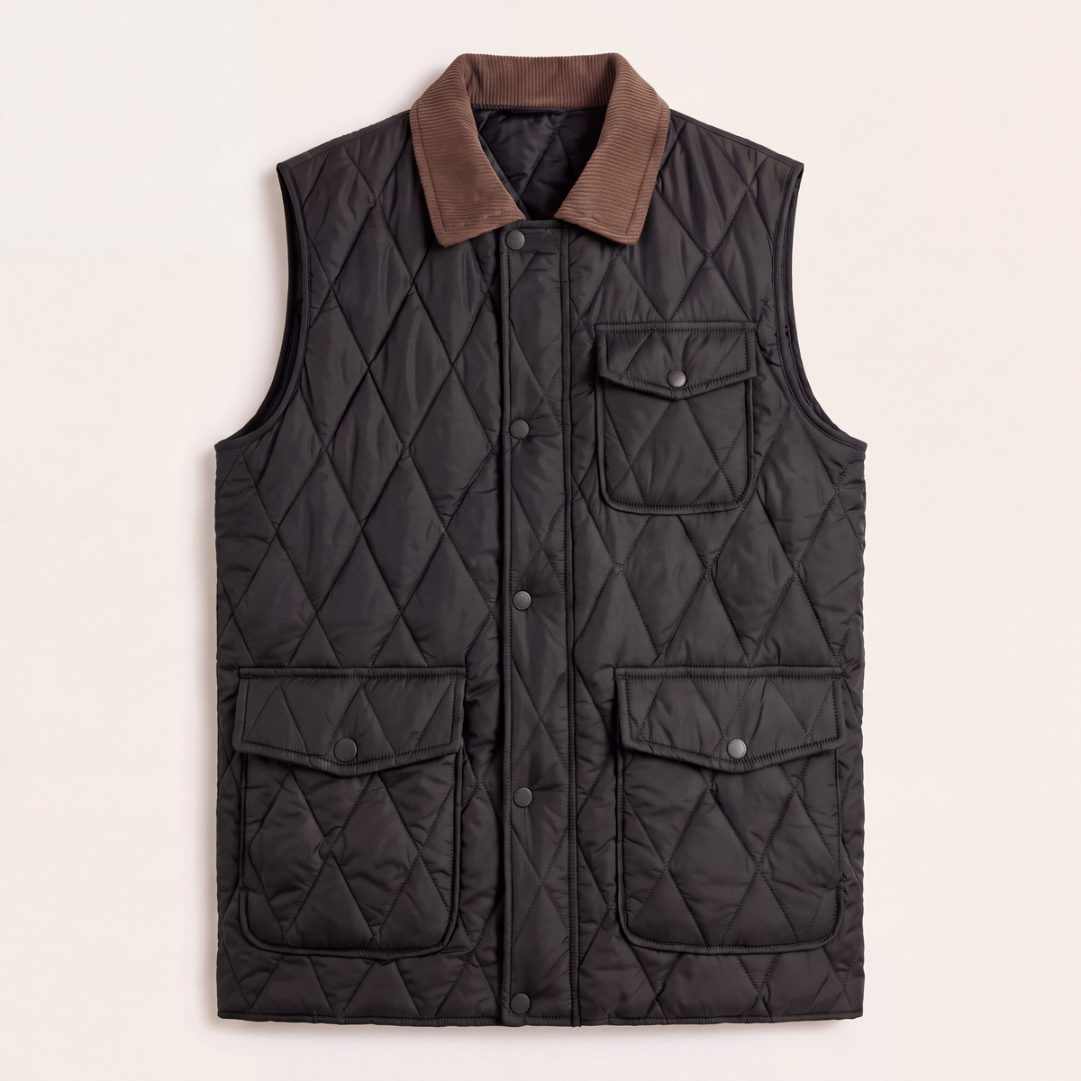 Mason Quilted Vest in Black with a brown corduroy collar, studio flat lay