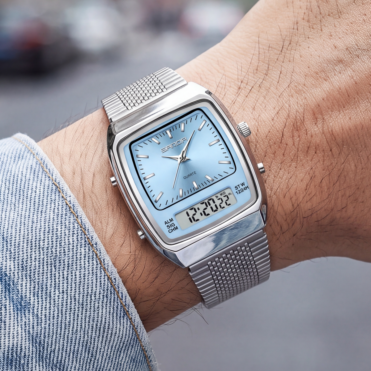 Metro Digital Watch Sky Blue Silver — on model