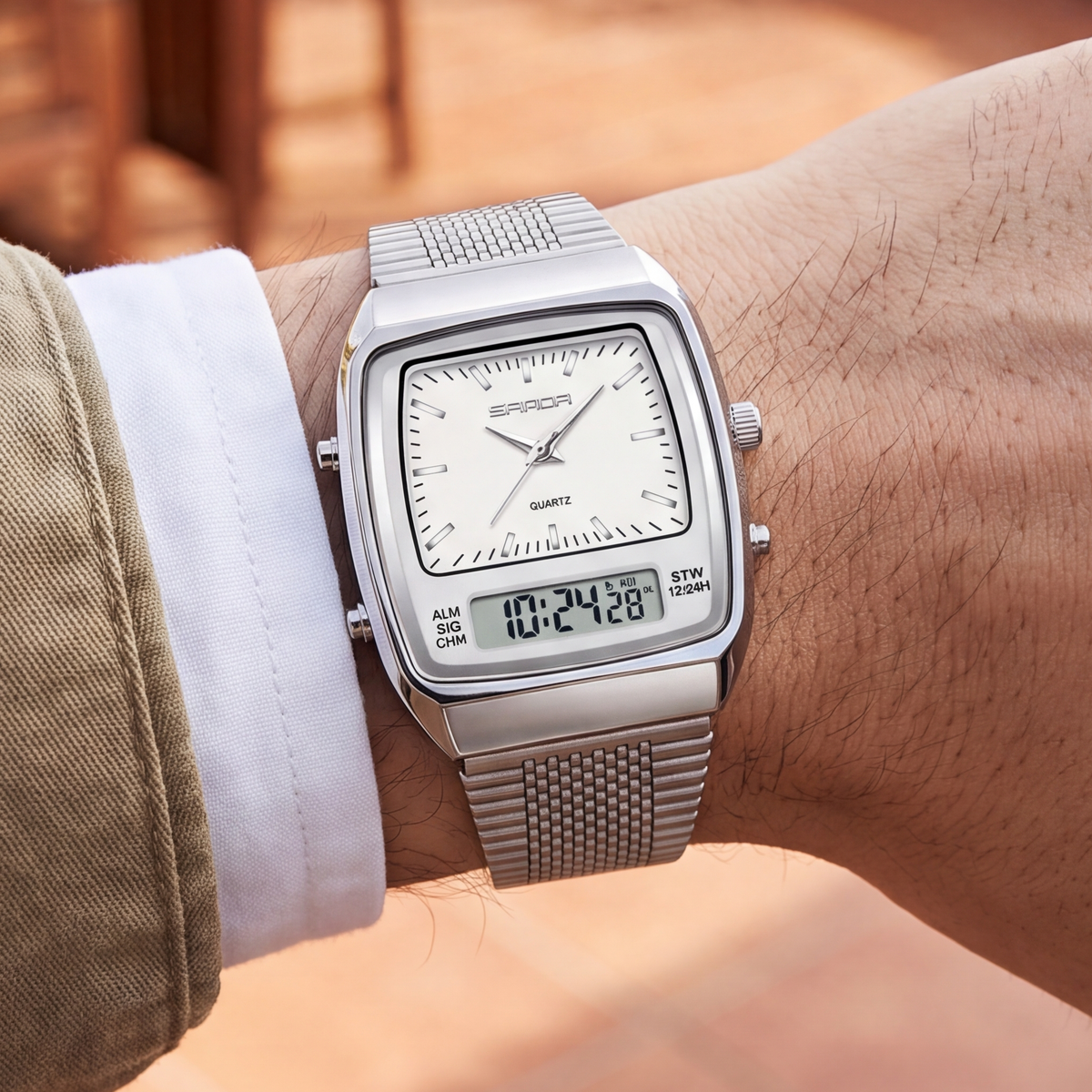 Metro Digital Watch White Silver — on model