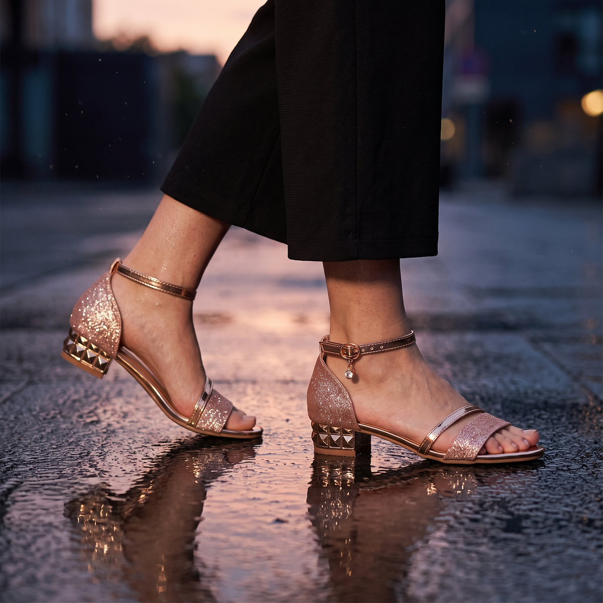 Mirella Metallic Strap Sandals Rose Gold — on model