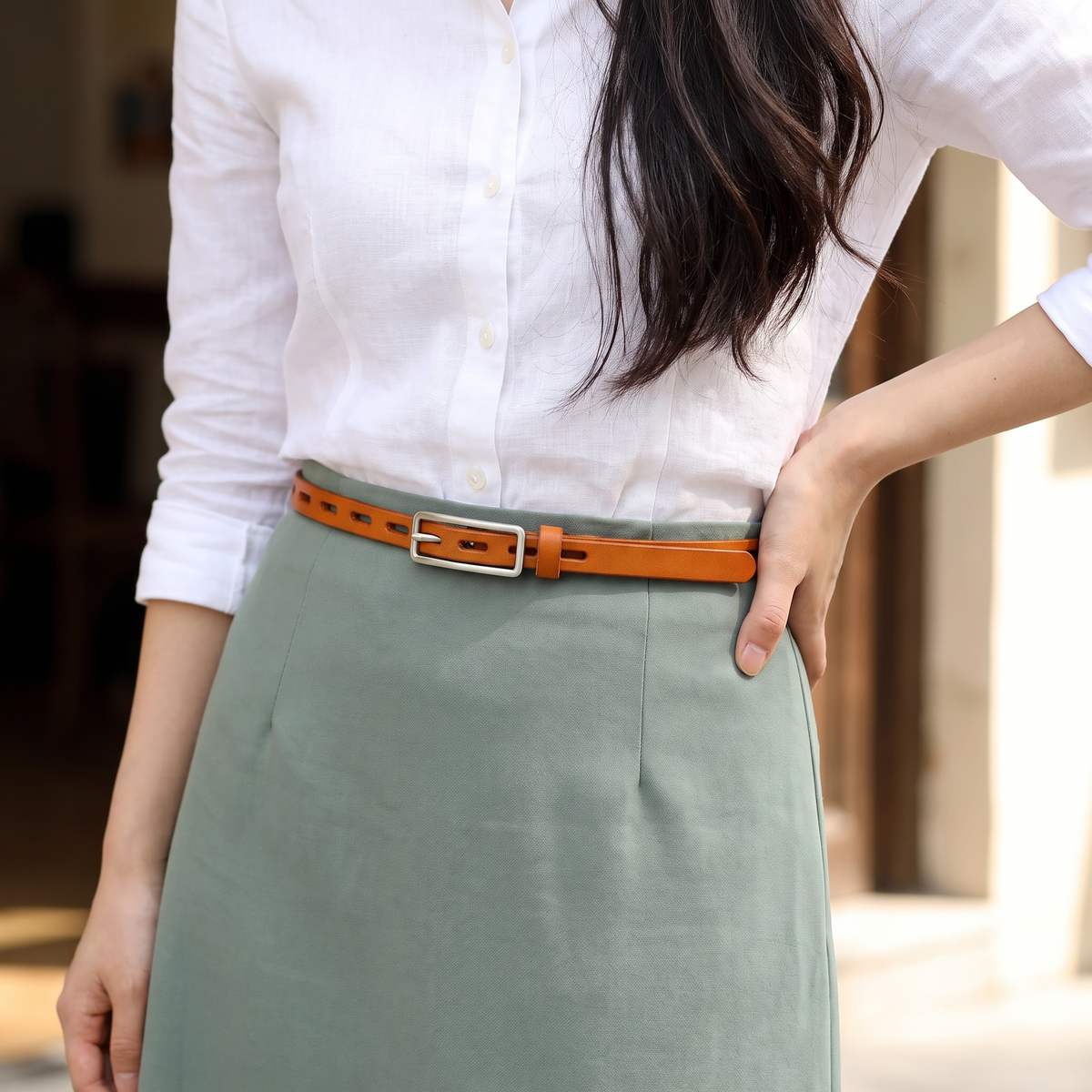 Celia Genuine Leather Belt in Camel, worn