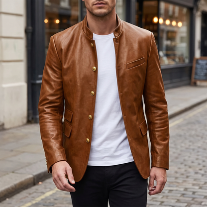 Sterling Faux Leather Blazer in Cognac, on model