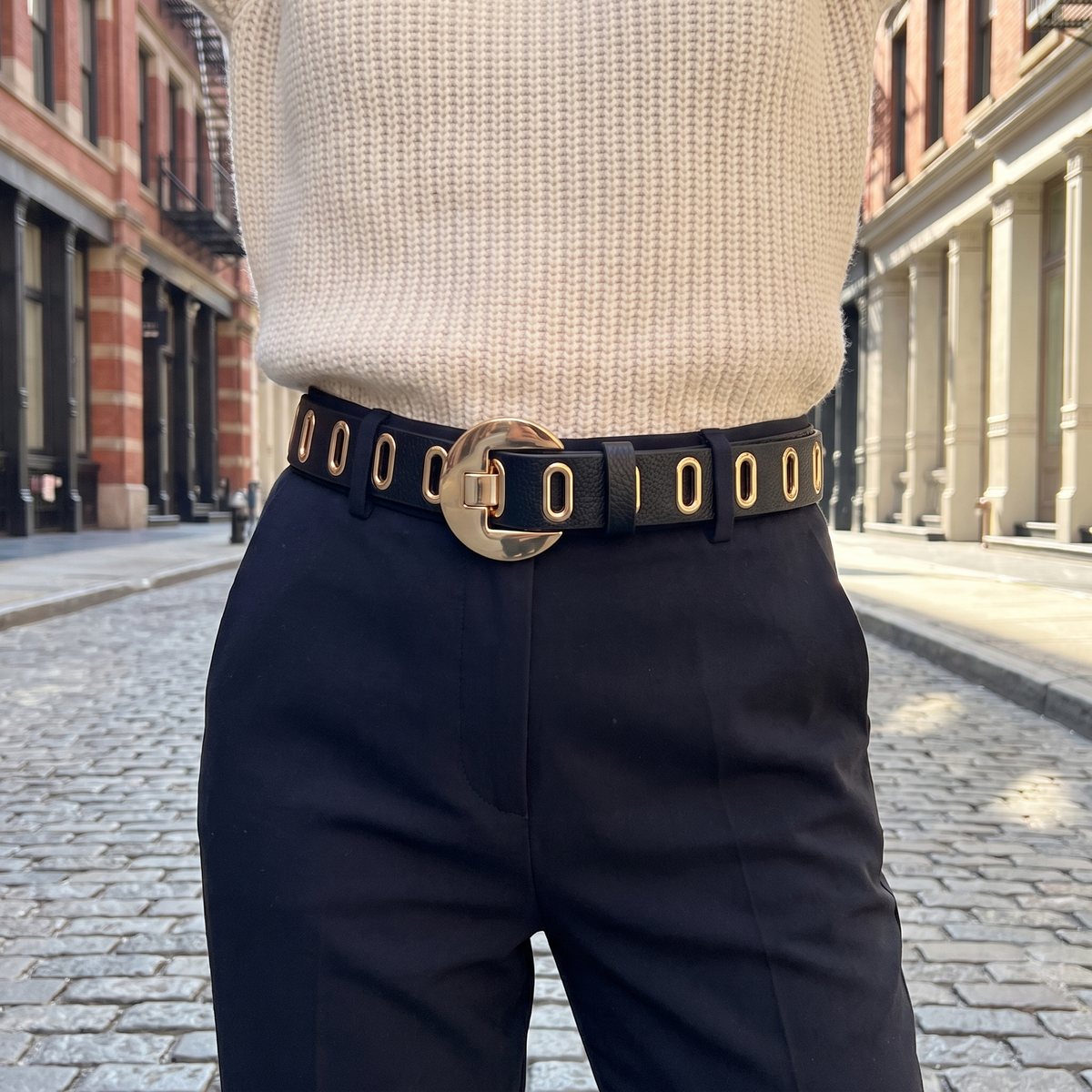 Bexley Grommet Belt Black — worn, city street