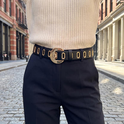 Bexley Grommet Belt Black — worn, city street