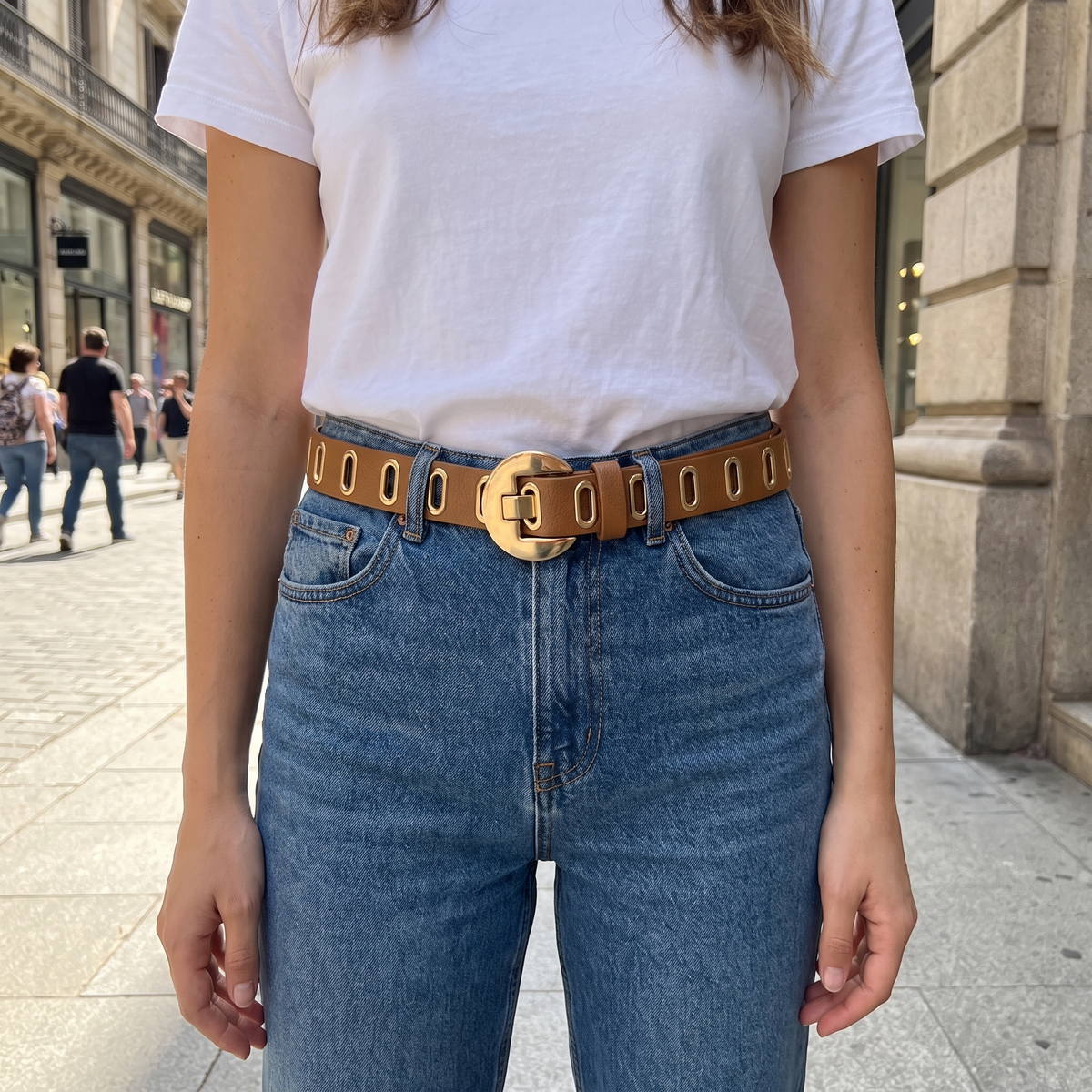 Bexley Grommet Belt Camel — worn, city street