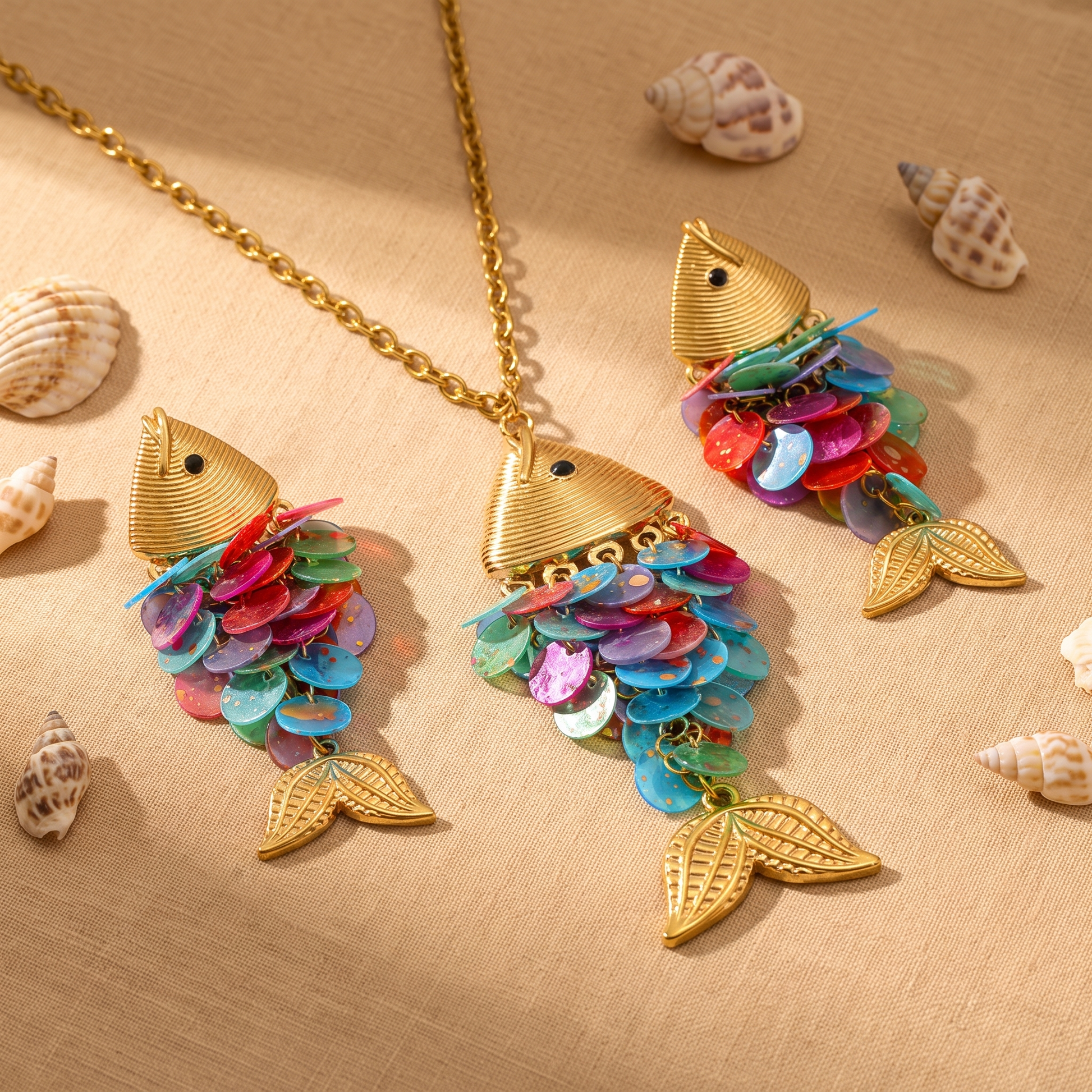Odessa multicolor shell fish necklace and earrings styled with seashells