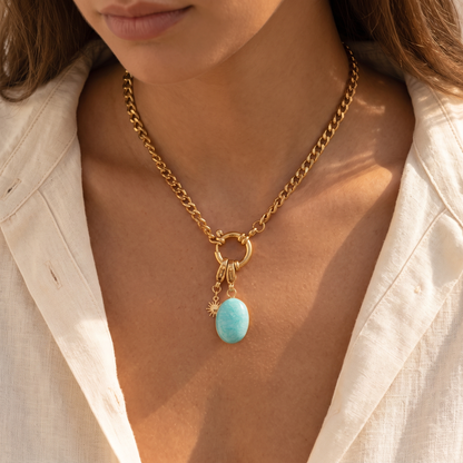 Orla-Aqua-Stone-Necklace Gold Aqua — on model