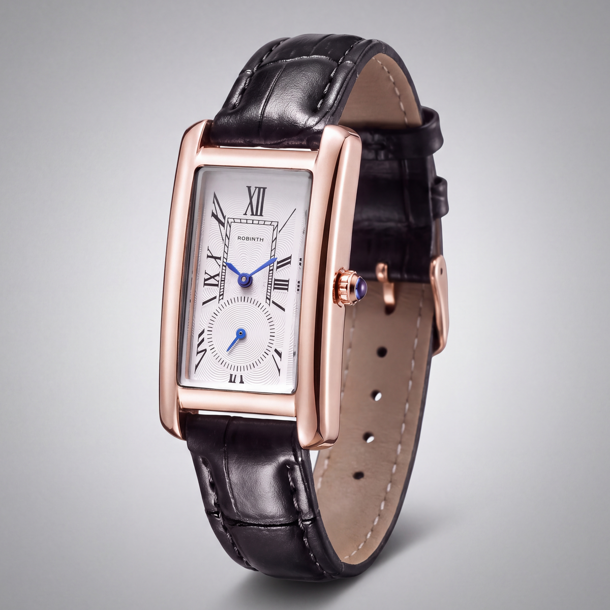 Marlow Rectangular Leather Watch — Black / Rose Gold