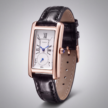 Marlow Rectangular Leather Watch — Black / Rose Gold