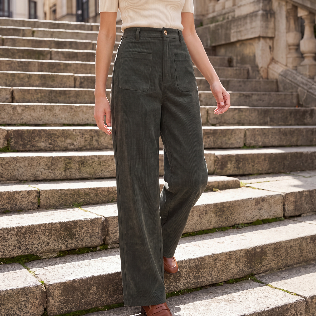 Paige Wide-Leg Pants Army Green — on model