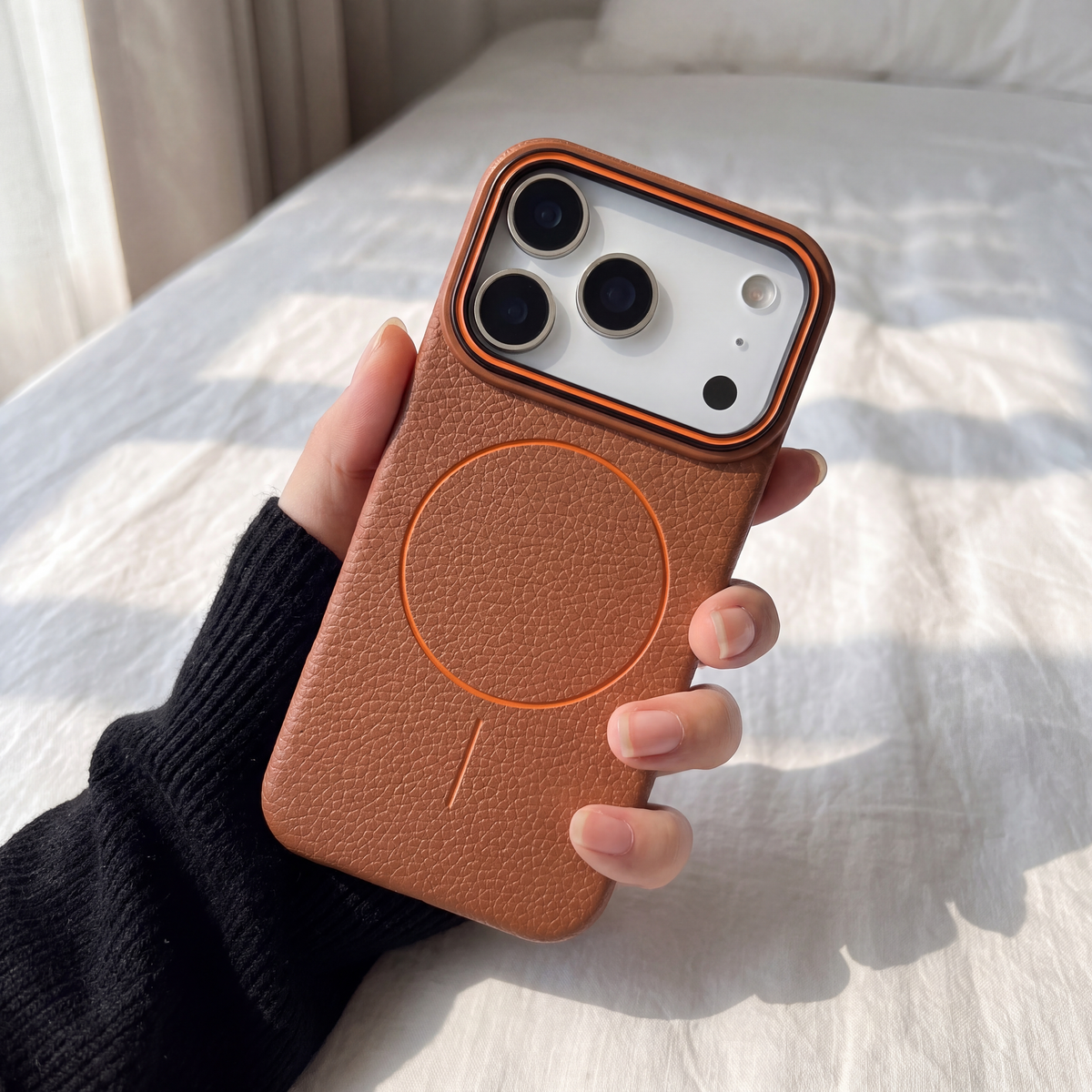 Parker Pebble Phone Case Brown, held in hand