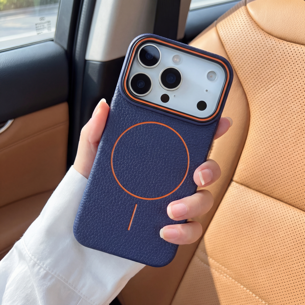 Parker Pebble Phone Case Navy, held in hand