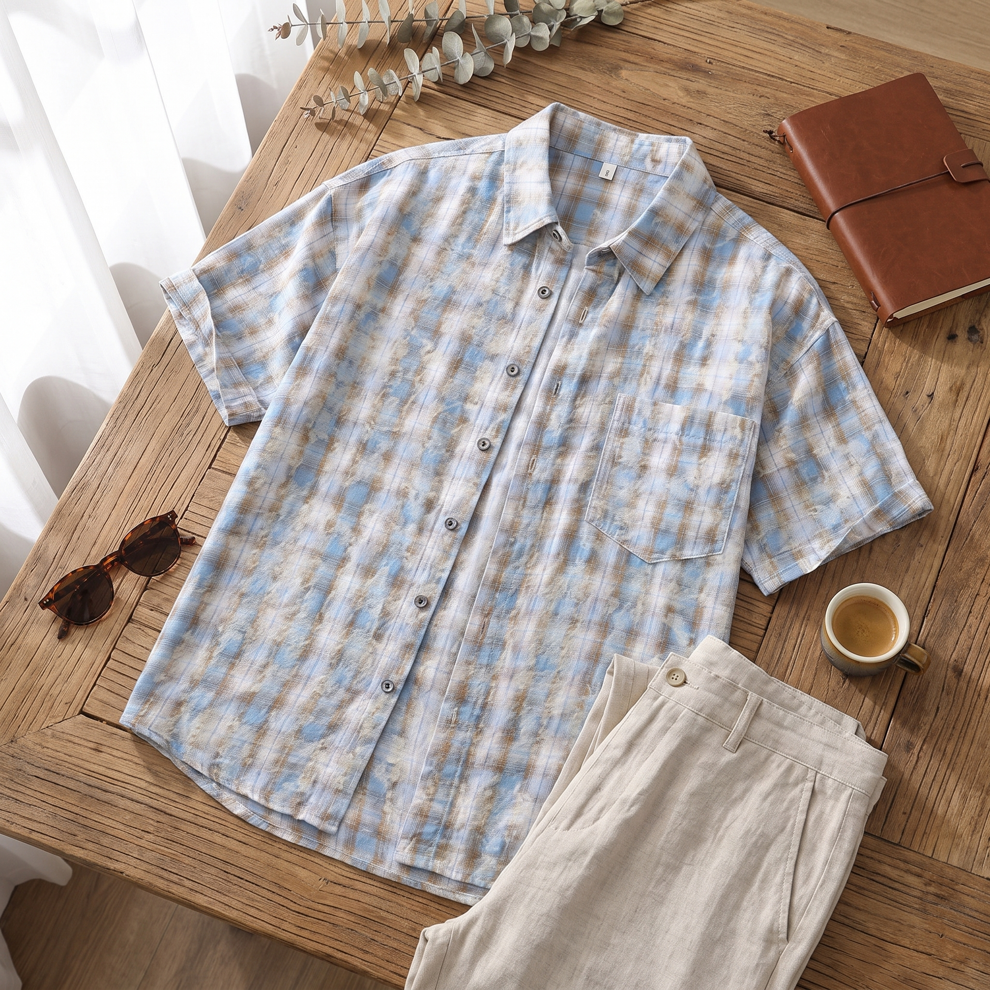 Porter plaid short-sleeve shirt in Blue, flat lay