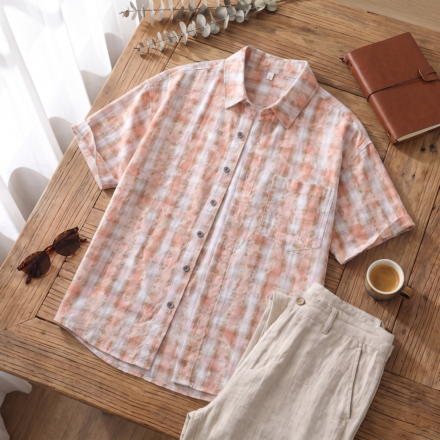 Porter plaid short-sleeve shirt in Pink, flat lay