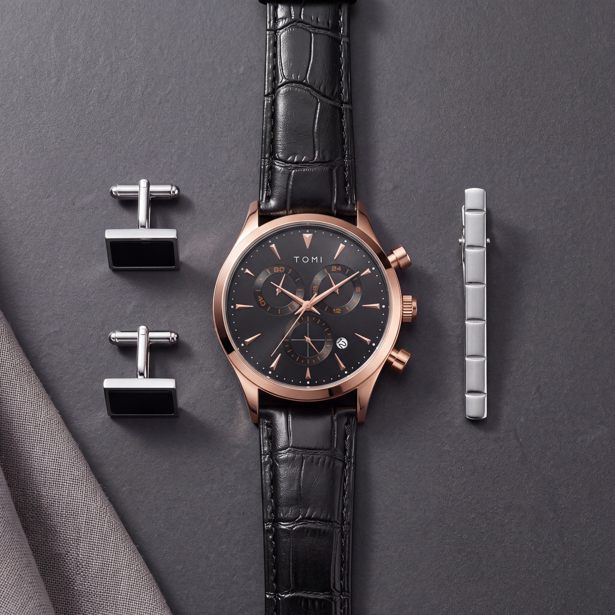 Preston-Watch-Gift-Set Black Rose Gold — flatlay 1