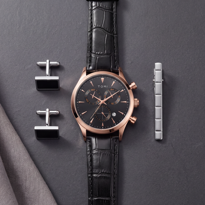 Preston-Watch-Gift-Set Black Rose Gold — flatlay 1
