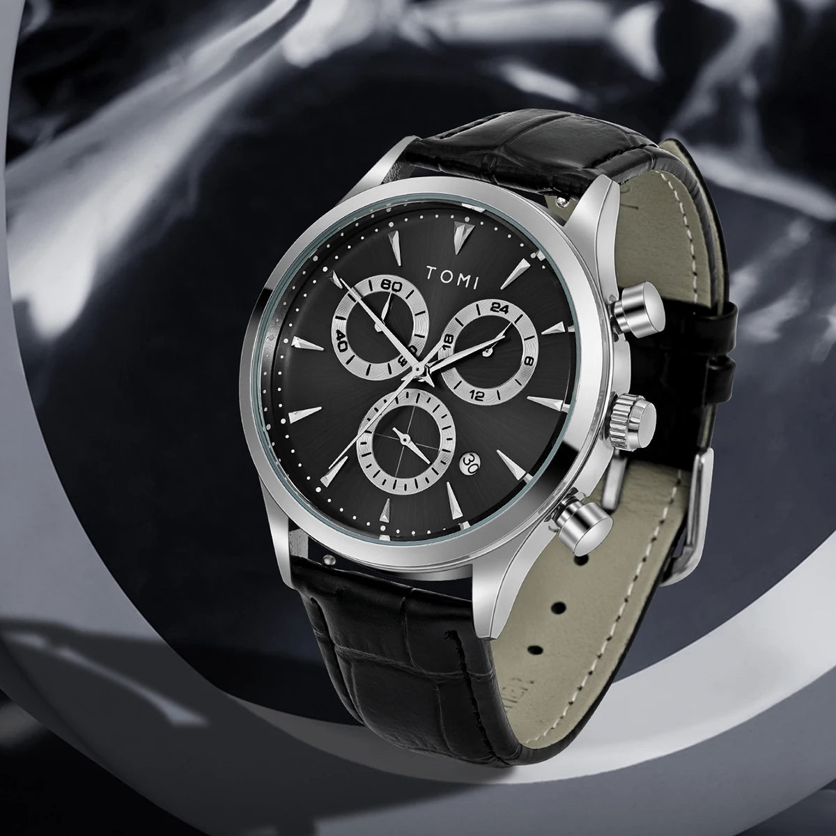 Preston watch gift set, black faux leather strap with silver case and black dial