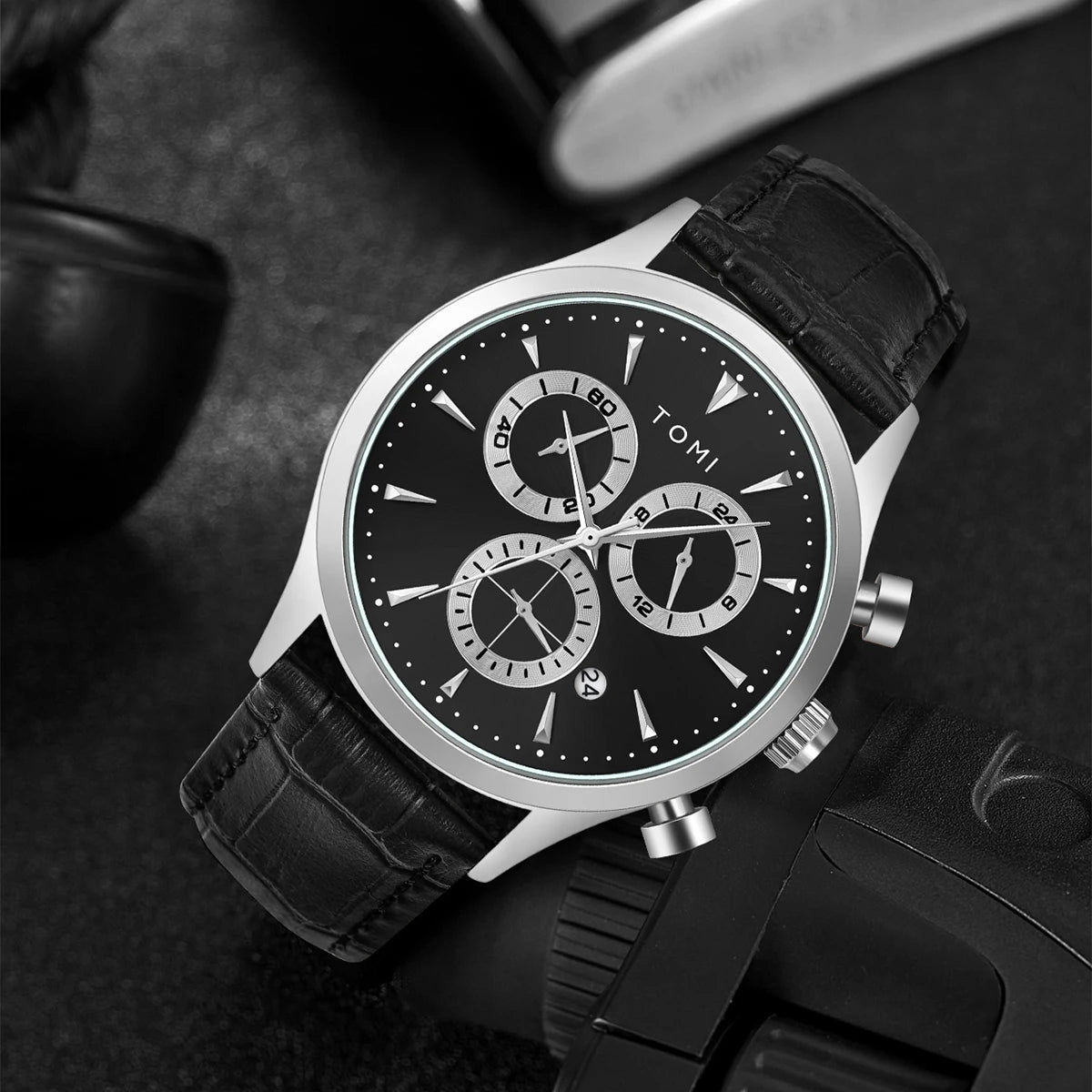 Preston watch gift set styled flat lay, black strap silver case black dial