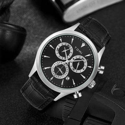 Preston watch gift set styled flat lay, black strap silver case black dial