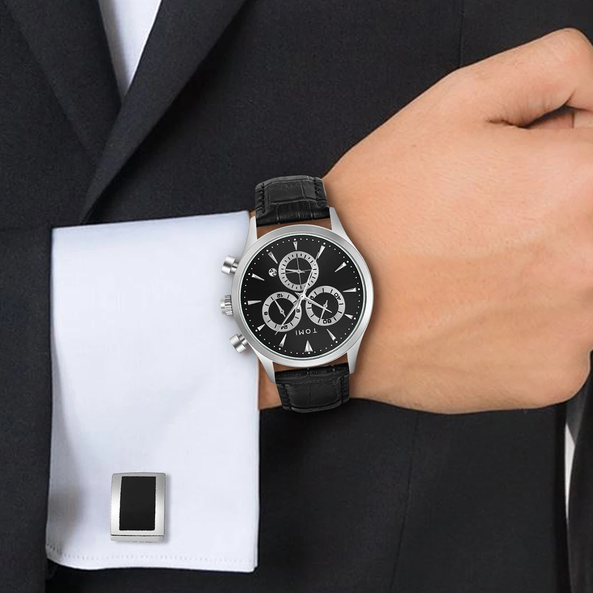Preston watch gift set worn with a suit and matching cufflink, black strap silver case