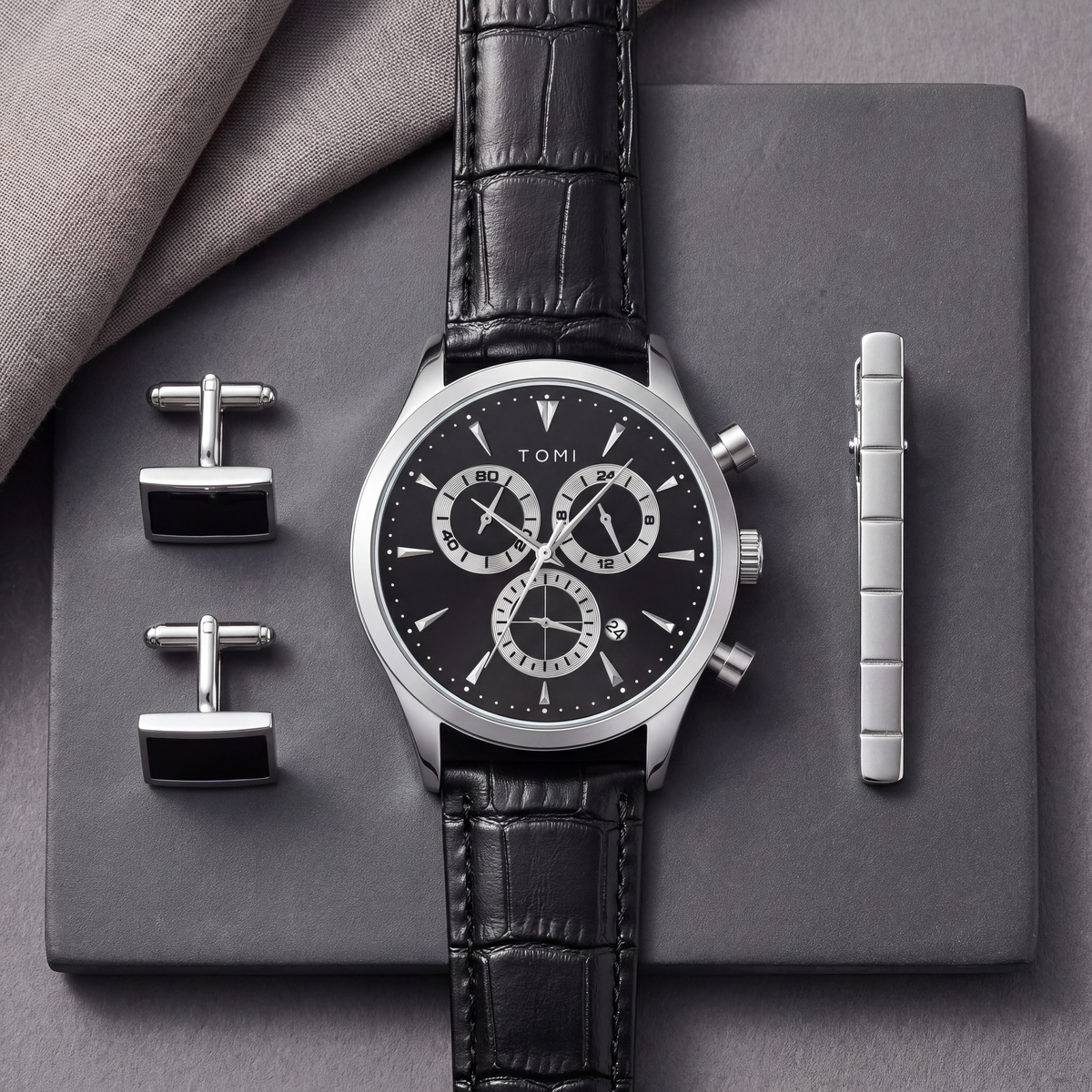 Preston-Watch-Gift-Set Black Silver — flatlay 1