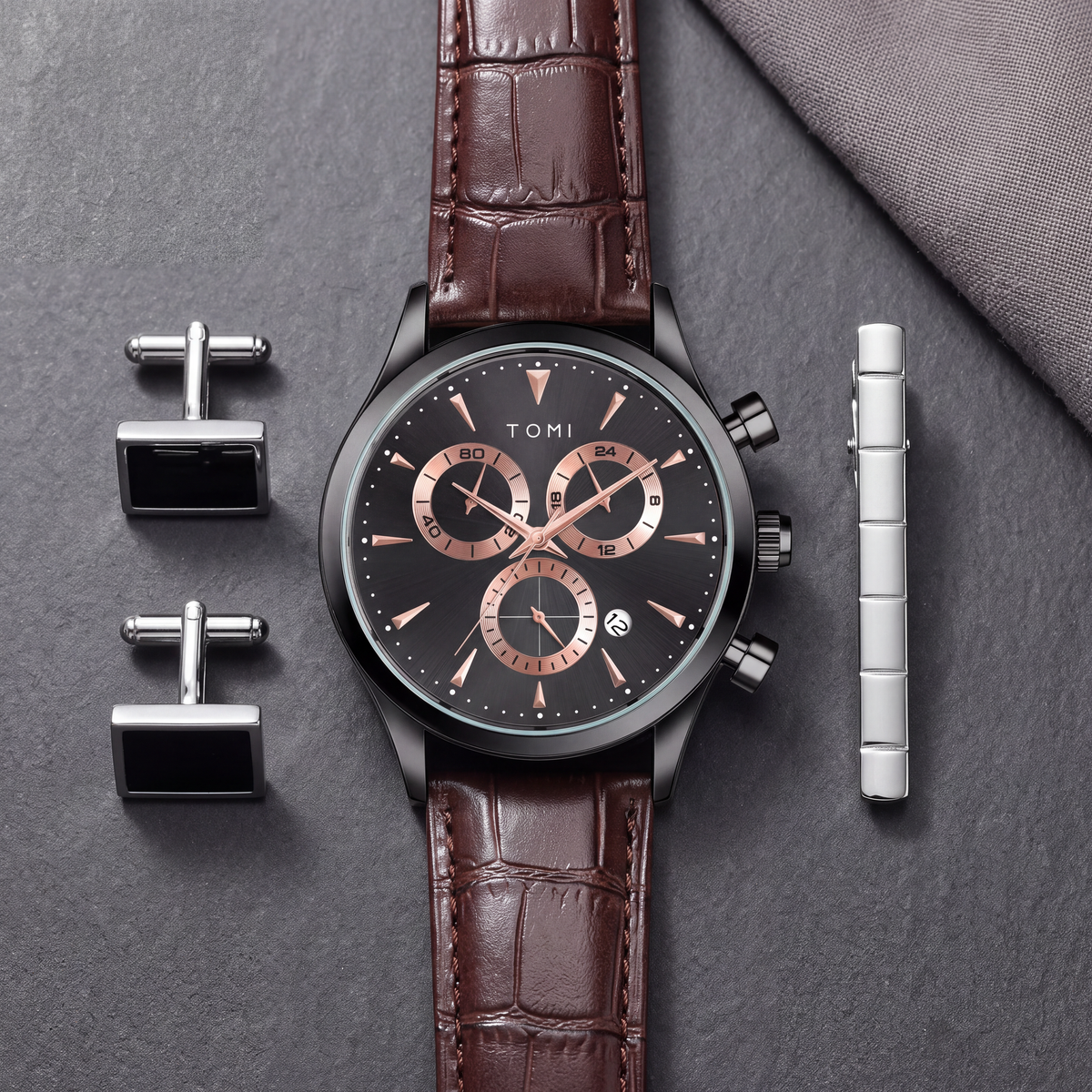 Preston-Watch-Gift-Set Brown Black — flatlay 1