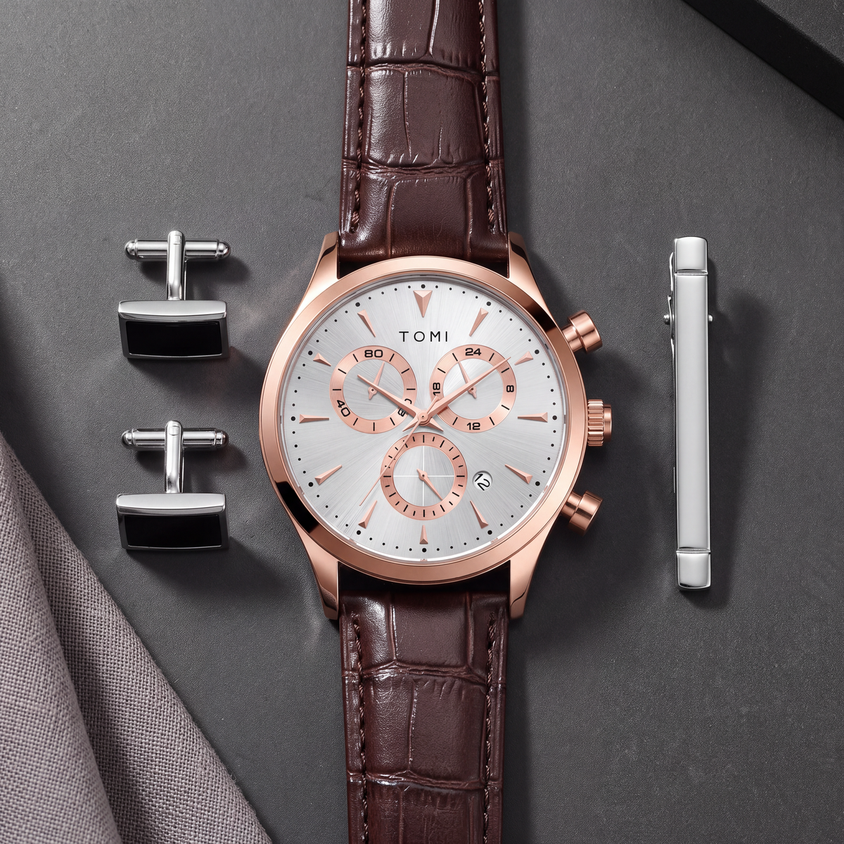 Preston-Watch-Gift-Set Brown Rose Gold — flatlay 1