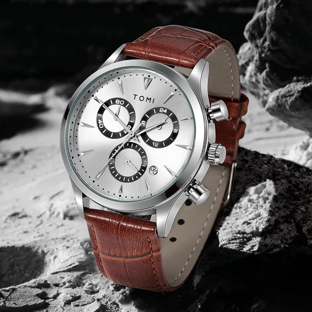 Preston watch gift set, brown faux leather strap with silver case and silver dial