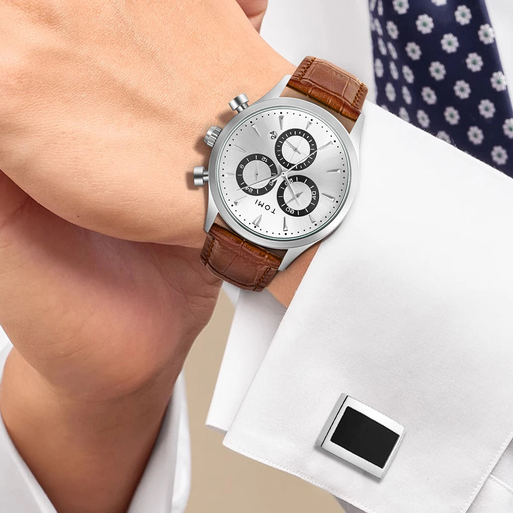 Preston watch gift set worn with a shirt cuff and matching silver cufflink, brown strap silver case