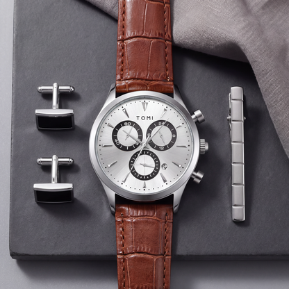 Preston-Watch-Gift-Set Brown Silver — flatlay 1