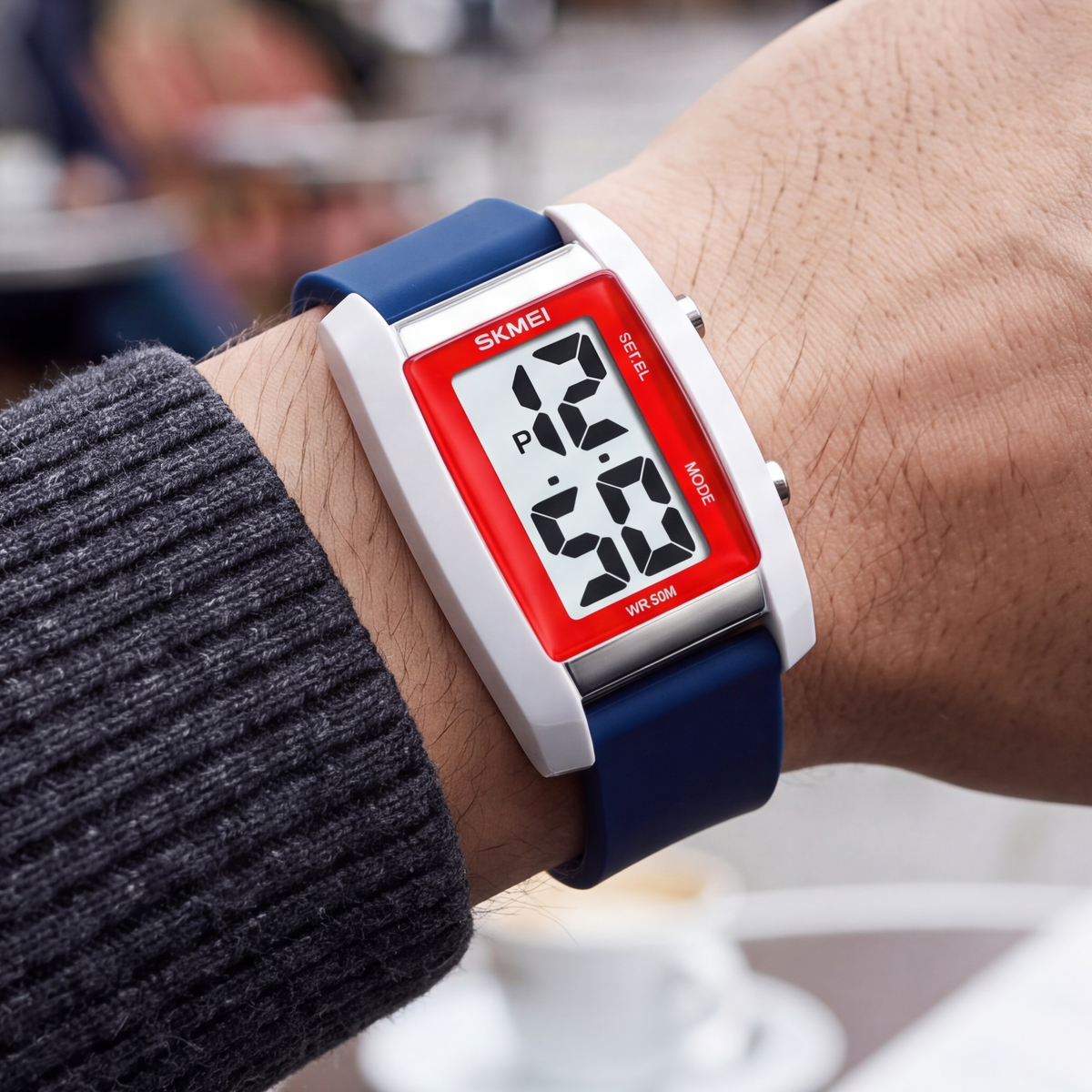 Quinn Digital Watch Navy Red — on model