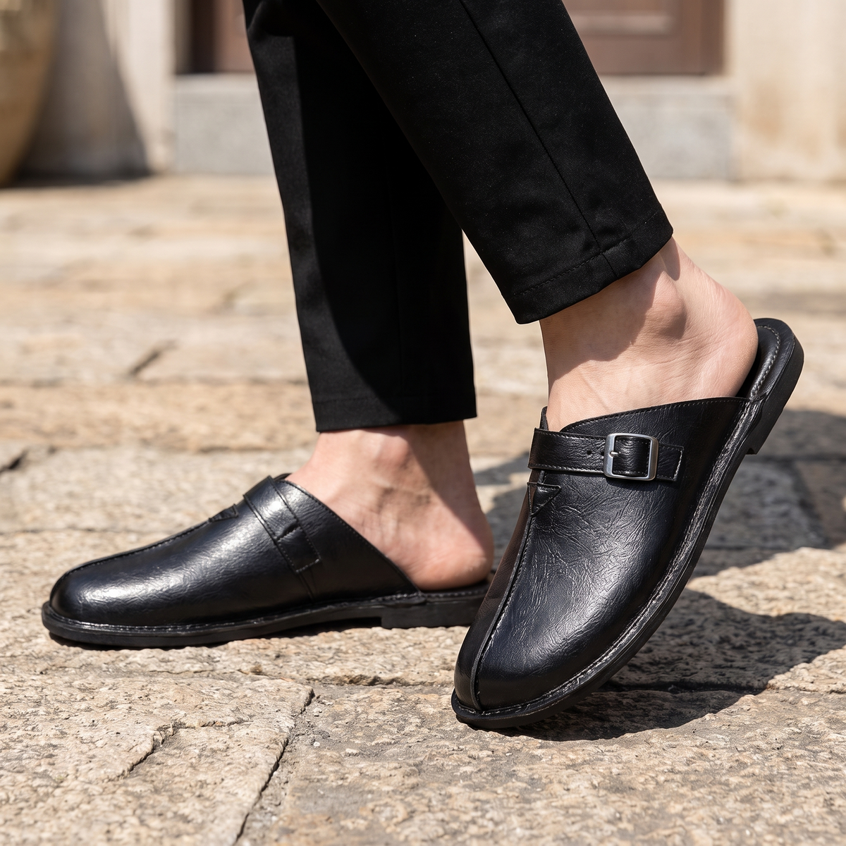 Rafael Buckle Mules Black — on model