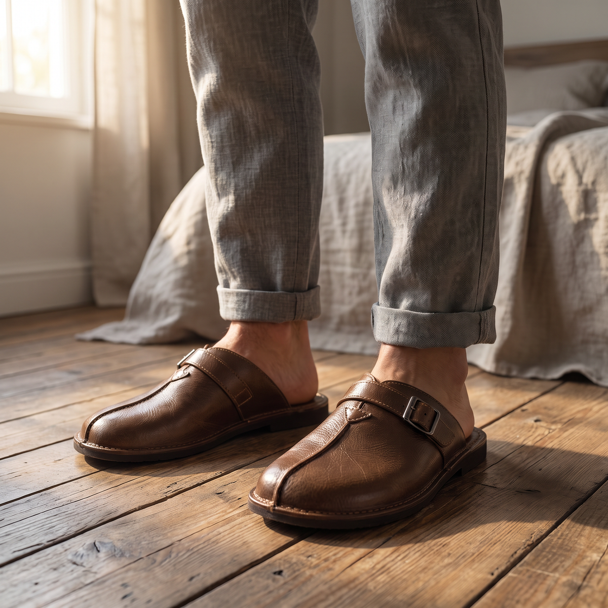 Rafael Buckle Mules Brown — on model